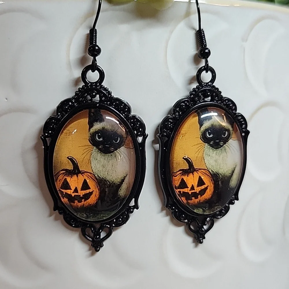 SIAMESE CAT HALLOWEEN PUMPKIN BROOCH DROP EARRINGS